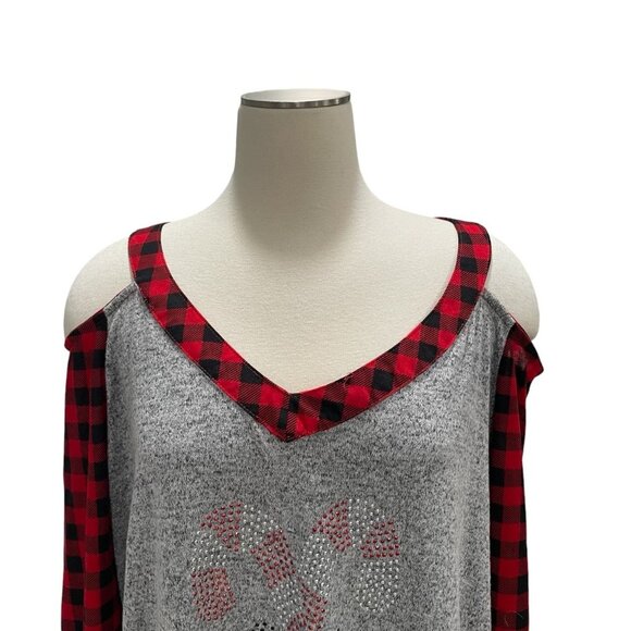 Christmas Top 1X Plaid Sleeves Cold Shoulder Candy Cane Festive Holiday Winter - Picture 9 of 9